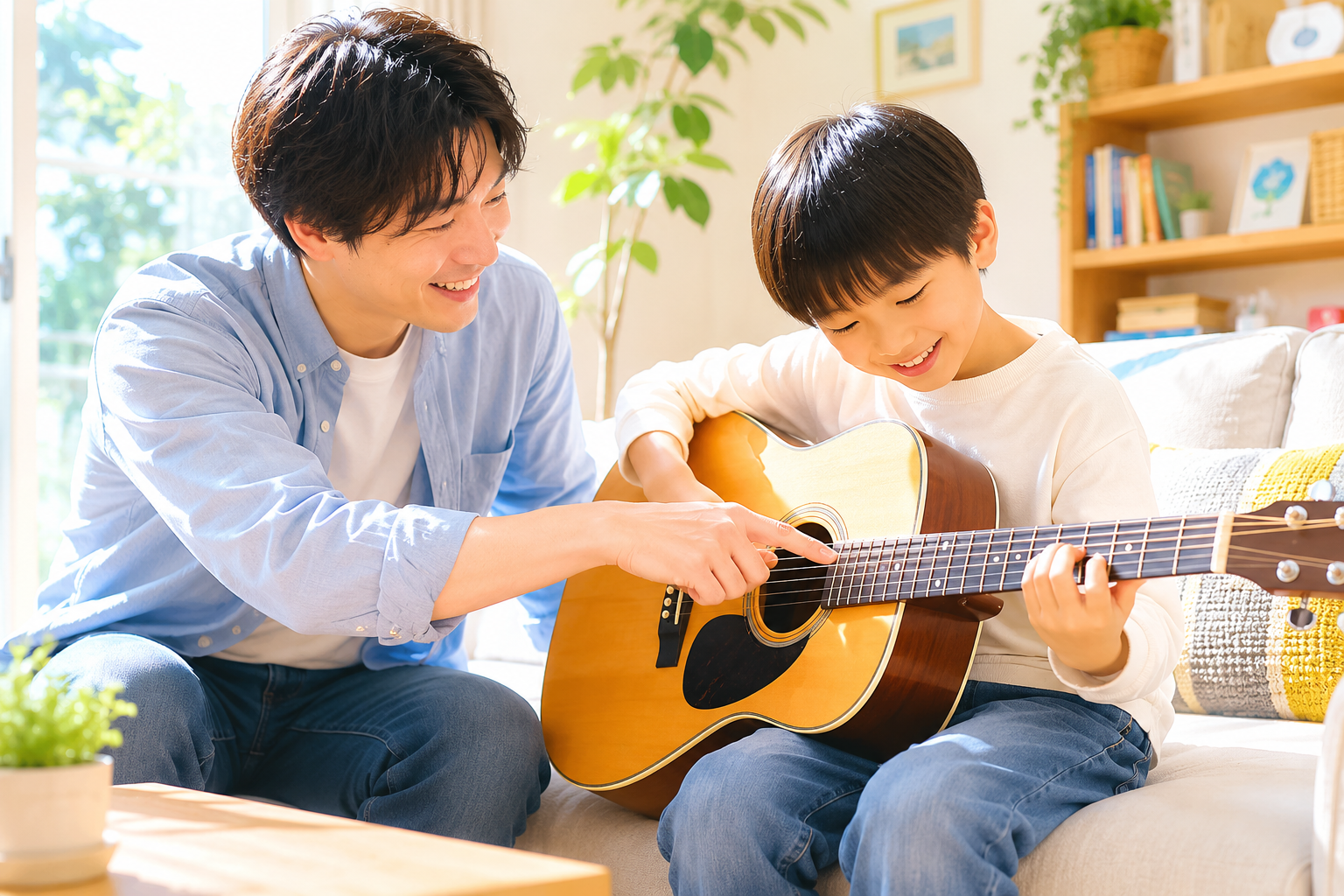 笑顔でギターを弾く子供と講師